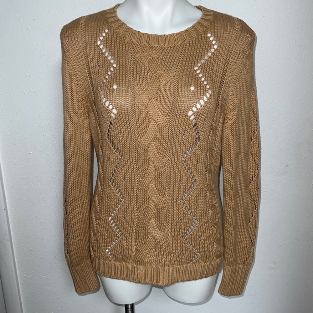 Talbots Light Brown Cable Knit Crewneck Sweater Sz M